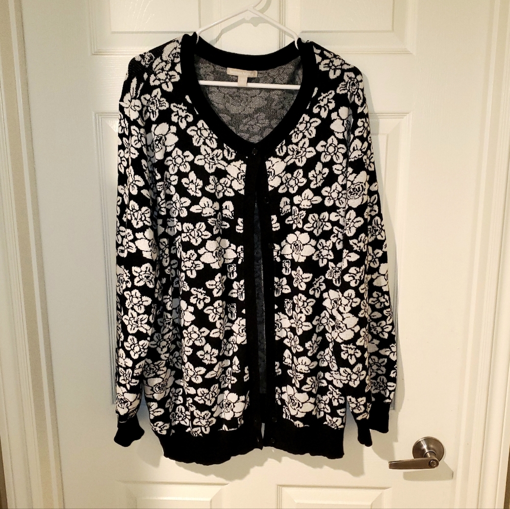 Plus Size Woman Within Black and White Floral Cardigan- 3X(30/32)